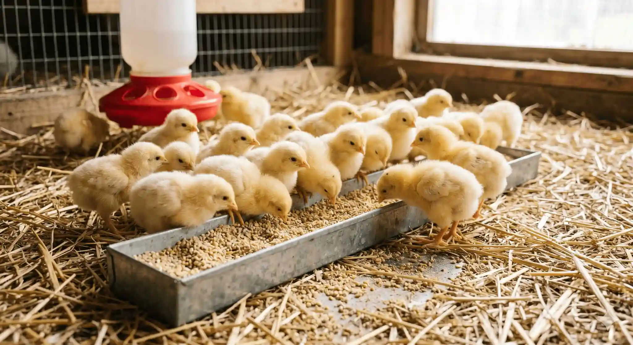 A group of fluffy, newly hatched chicks opening their eyes and pecking for food on the ground.