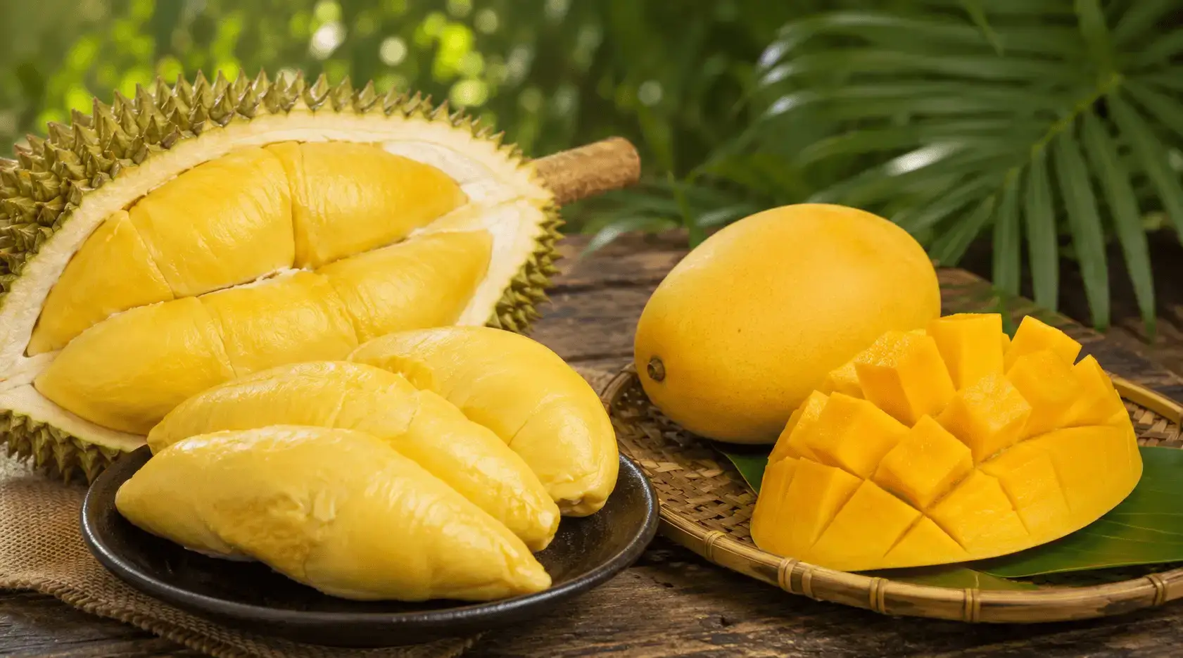 A large, creamy durian segment displayed beside a ripe mango, illustrating the exceptional nutritional value and energy content of the world's famous "King of Fruits."