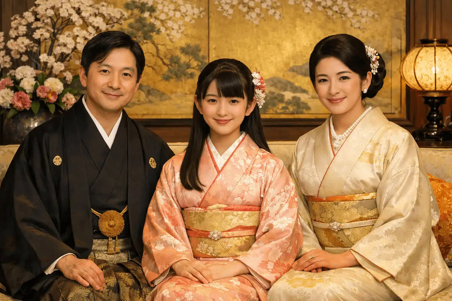 Emperor Naruhito, Empress Masako, and Princess Aiko smiling together.