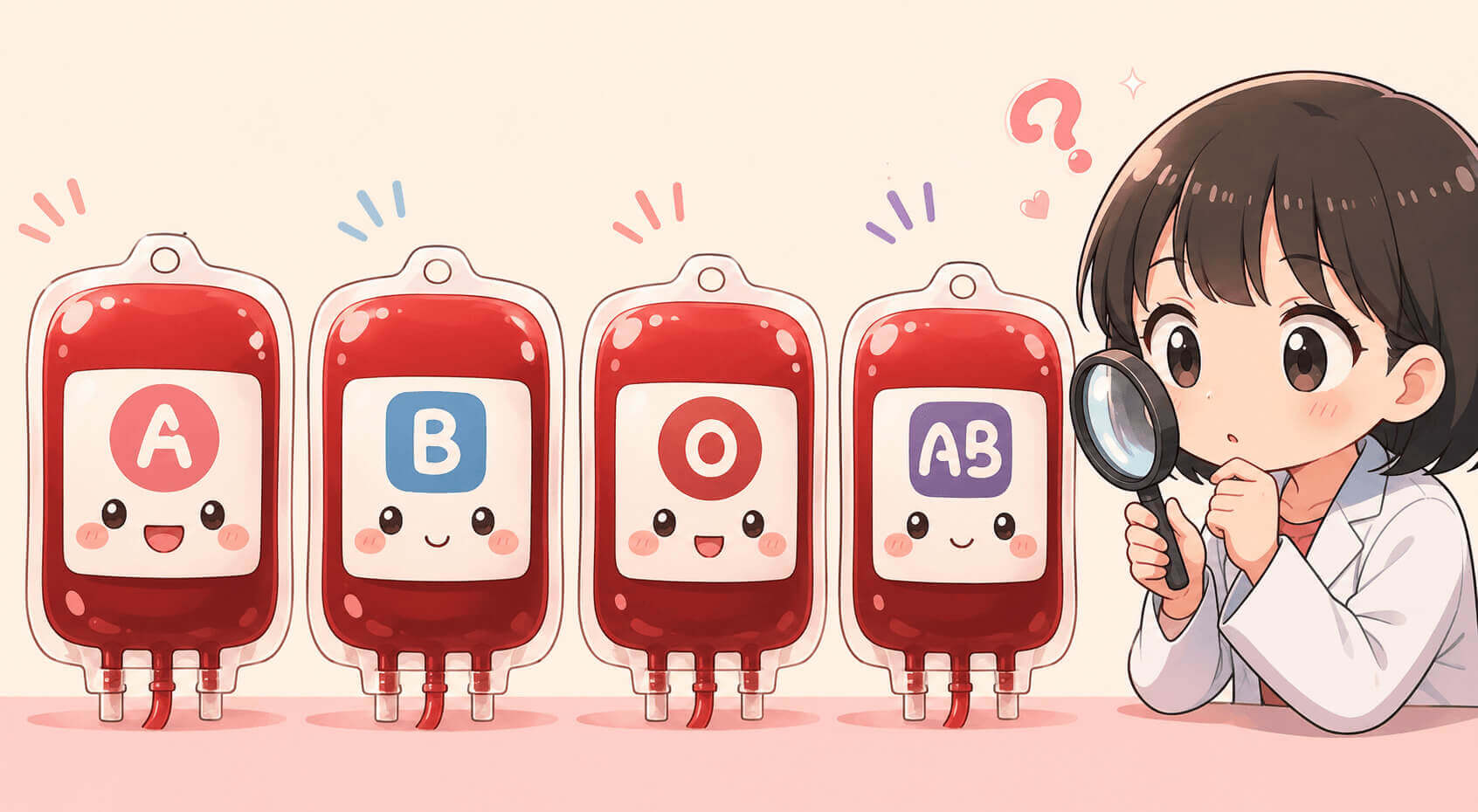 A creative illustration showing four stylized blood drops labeled A, B, O, and AB against a colorful Japanese cultural background.