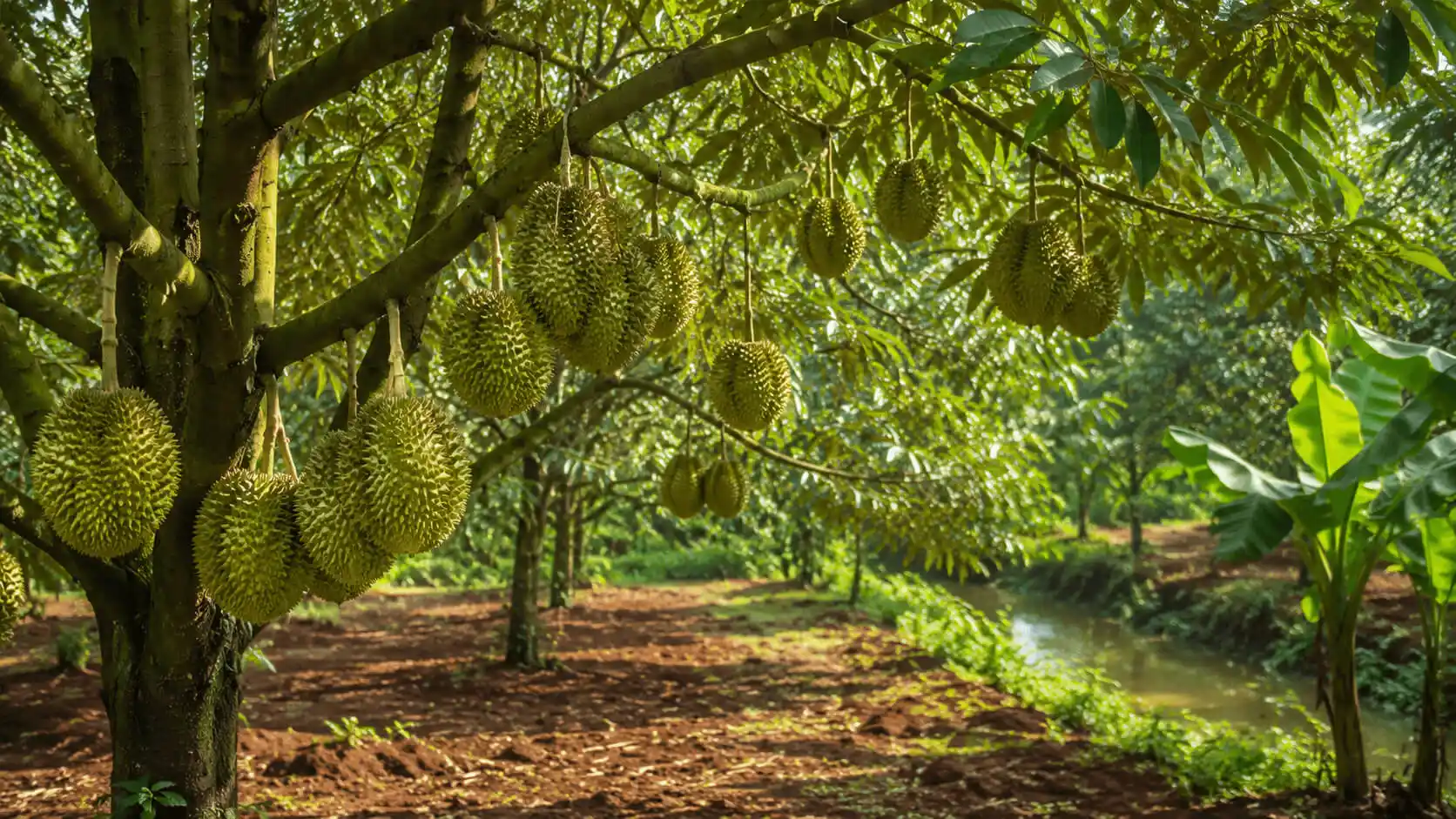 Lush durian orchards growing on the rich red basalt soil of Long Khanh, Dong Nai.
