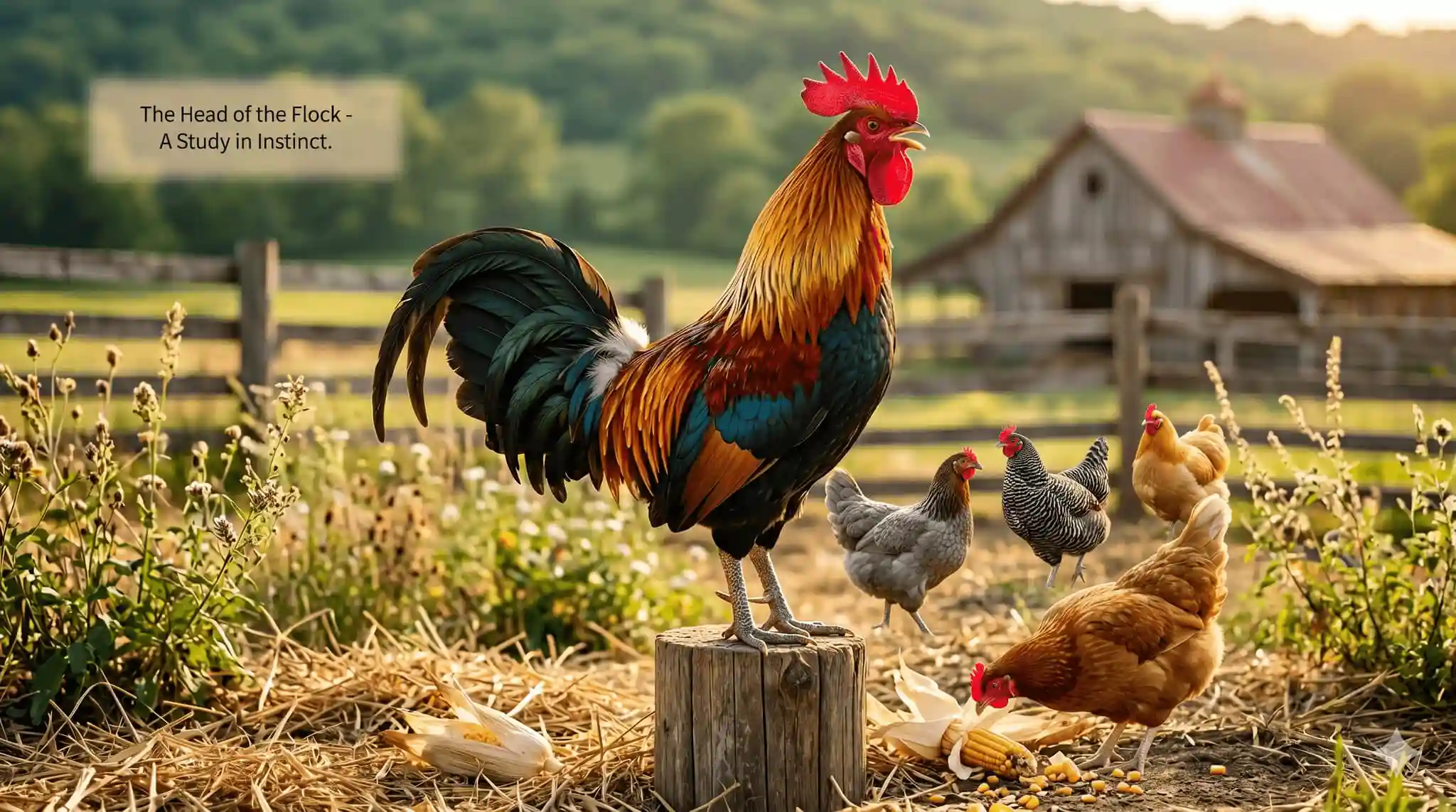 A vibrant rooster standing proudly amidst several hens in a yard.