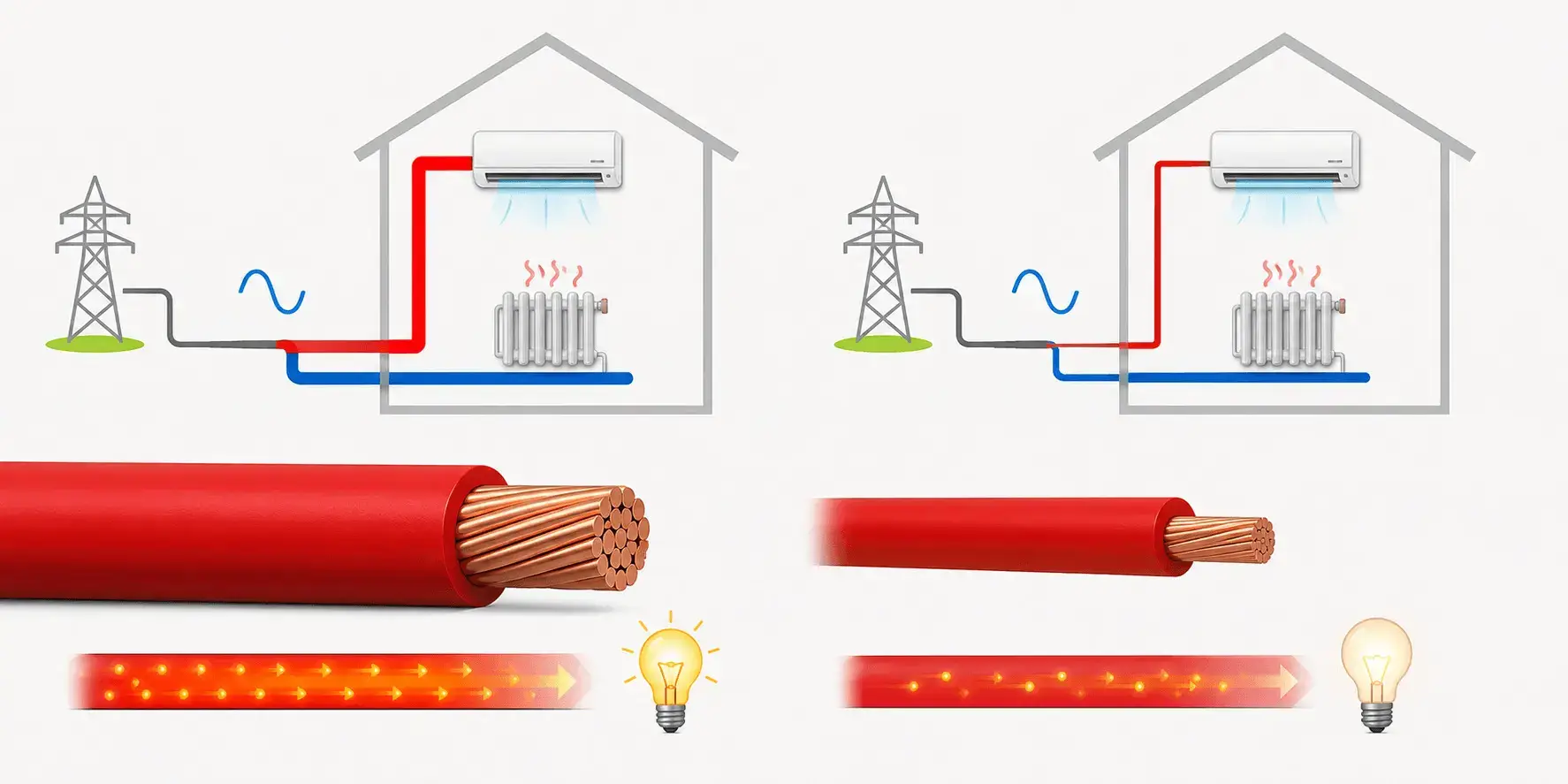 Copper wires with different thickness levels demonstrating wire gauge requirements for 110V and 220V grids.