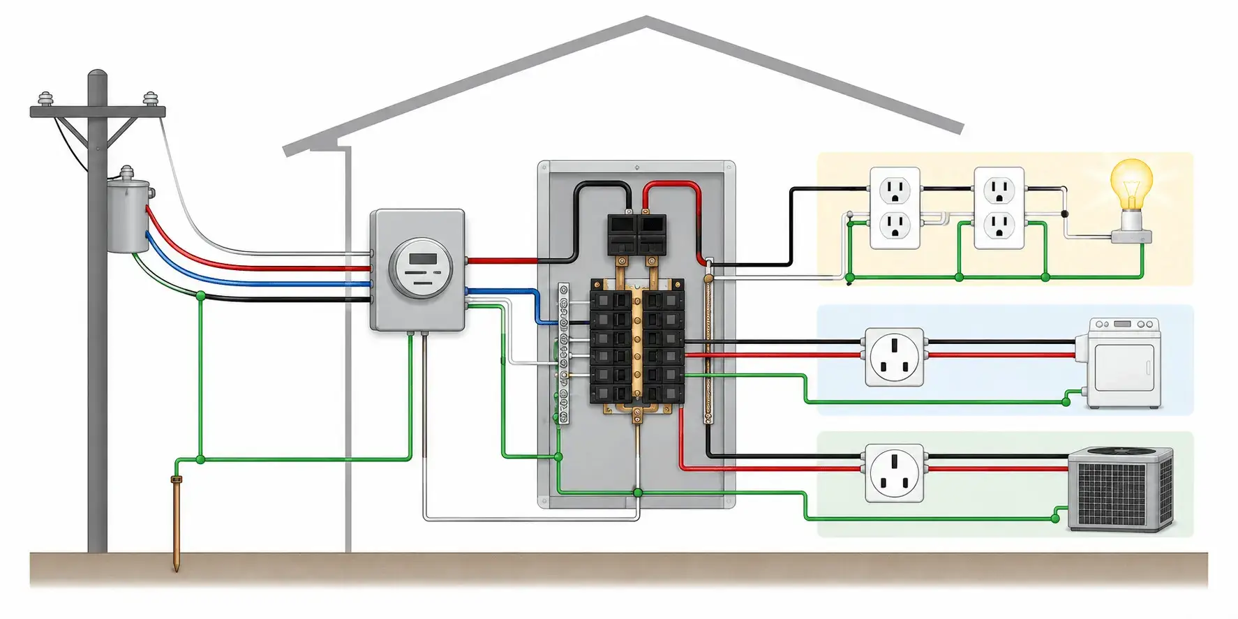 Sơ đồ nguyên lý hệ thống điện pha tách đôi split phase tại Mỹ giúp chia tải 120V và 240V.