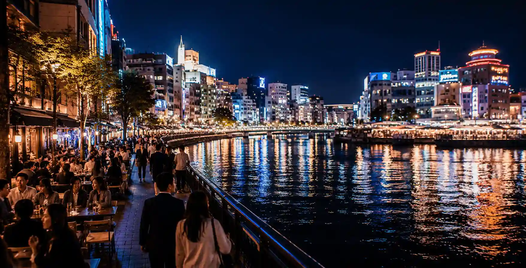 Con phố giải trí đêm Nakasu ngập tràn ánh đèn Neon rực rỡ soi bóng xuống dòng sông tại Fukuoka