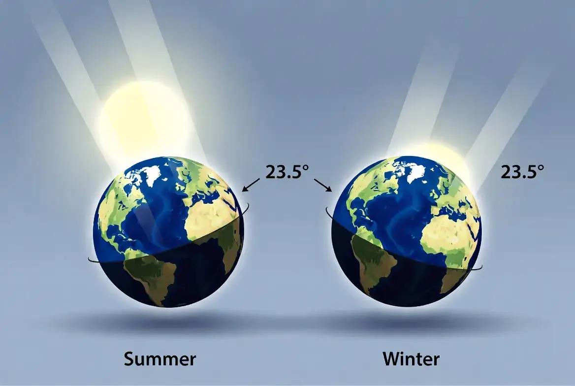 Illustration comparing direct sunlight in summer vs slanting sunlight in winter