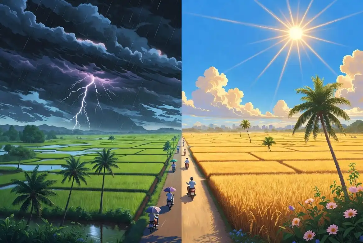 ベトナム南部の晴れ渡る乾季とスコールの雨季の風景