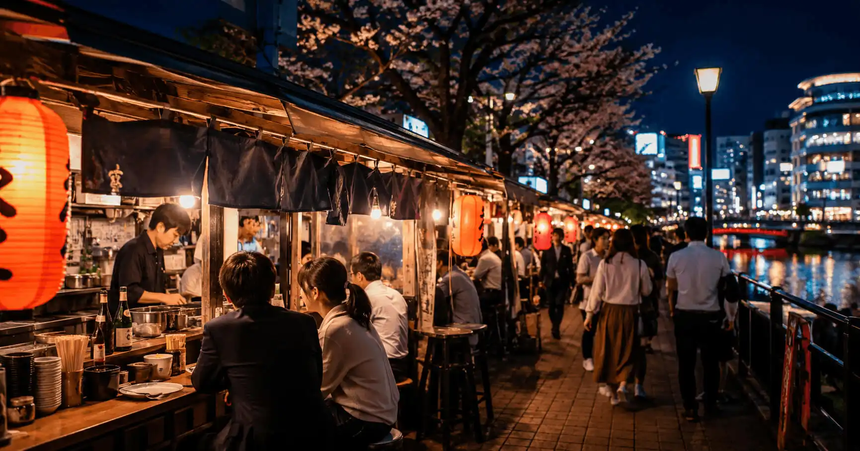 夜の福岡那珂川沿いに並ぶ博多名物の中洲屋台の風景